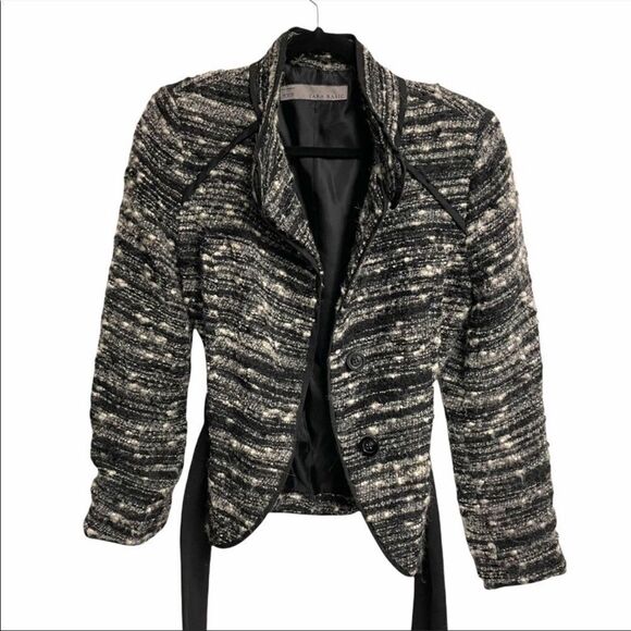 ZARA Boiled Wool Blazer Jacket Tie Waist Black Cream M - Picture 5 of 8